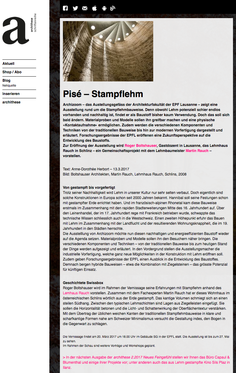 Boltshauser Architekten archithese online Ausstellung Pisé Tradition und Potenzial Archizoo EPFL Lausanne